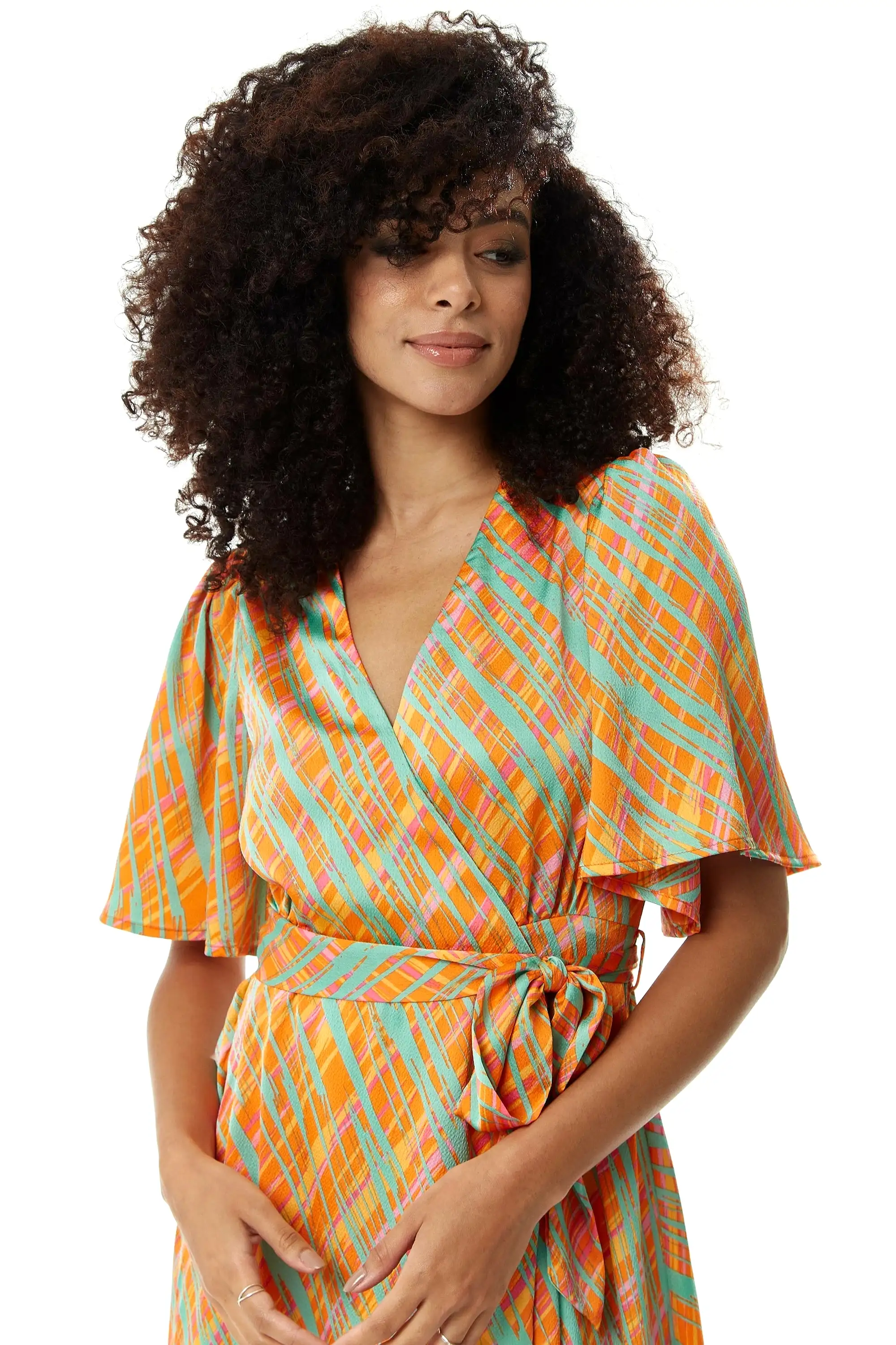 Liquorish Midi Wrap Dress In Orange Scribble Print