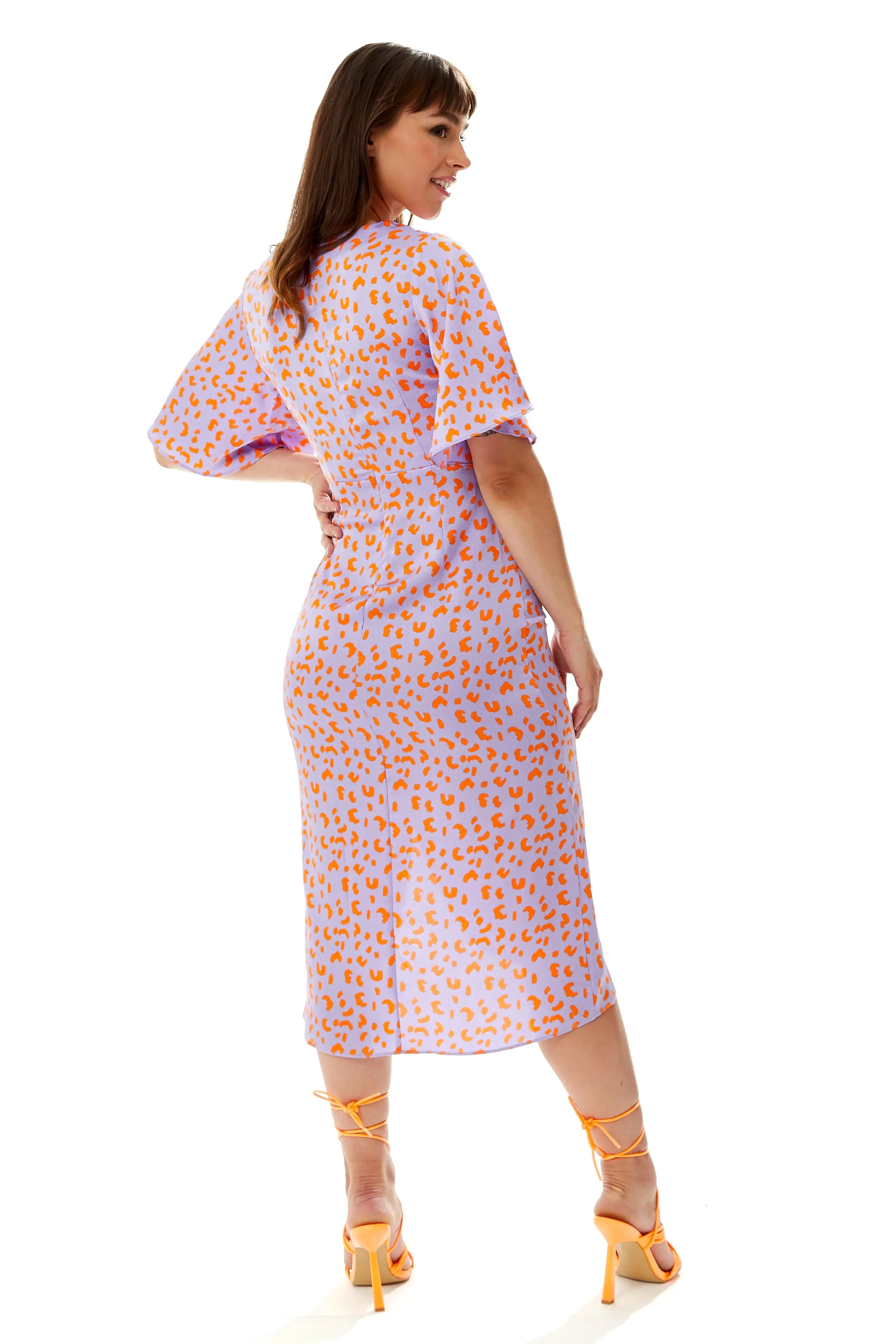 Liquorish Midi Wrap Dress With Cheetah Print Lilac Orange