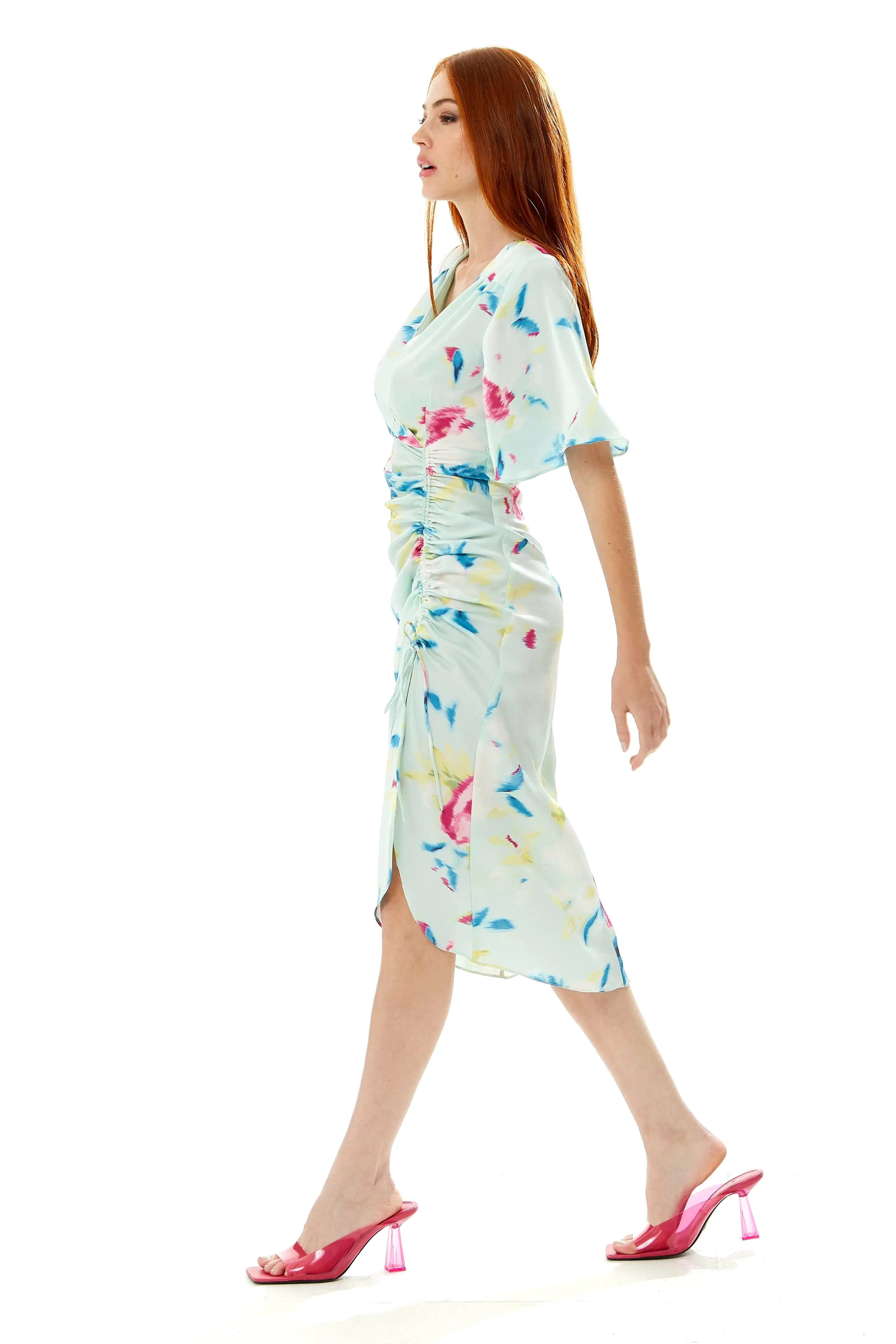 Liquorish Midi Wrap Dress With Floral Print In Mint Green