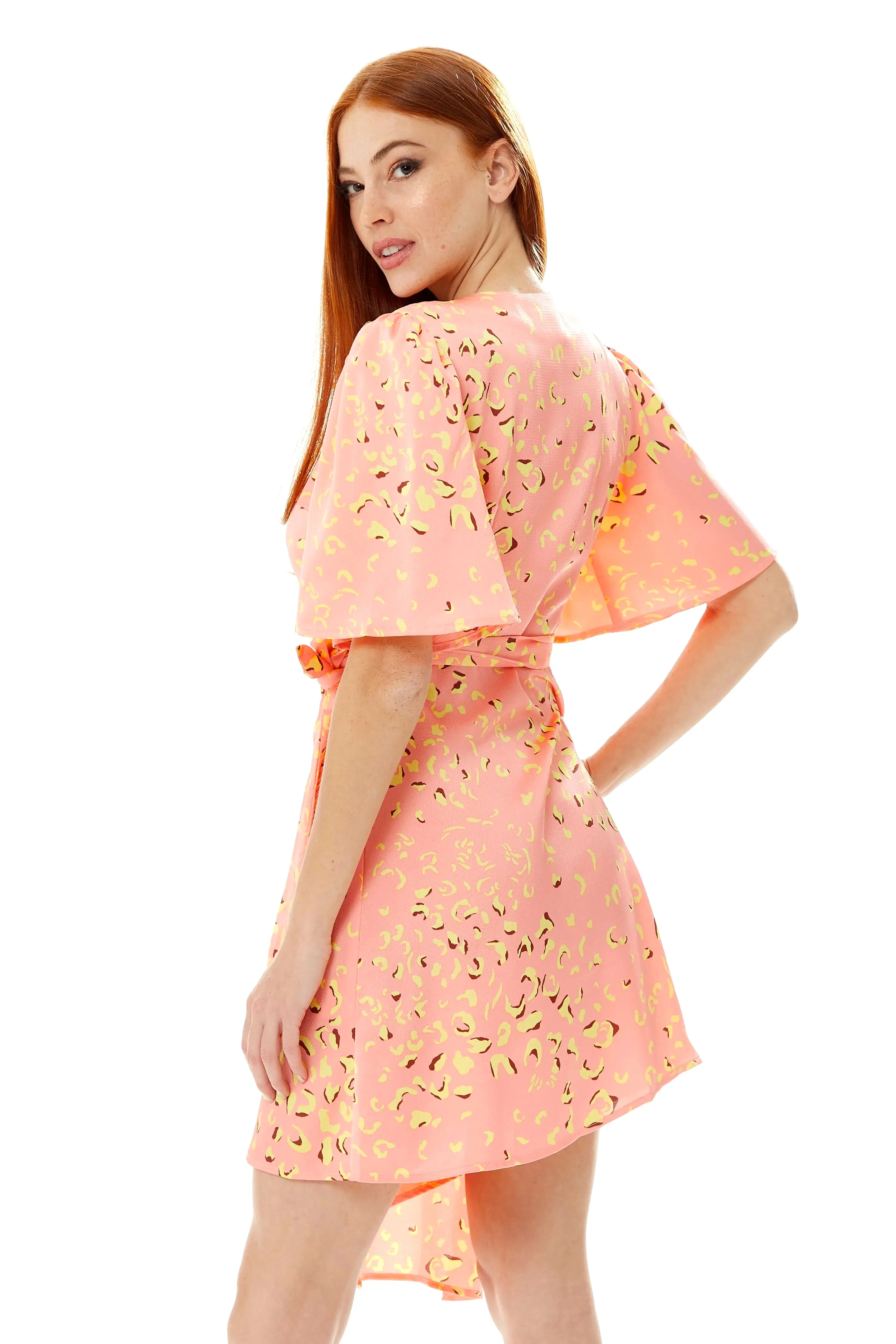 Liquorish Mini Abstract Animal Print Wrap Dress In Peach