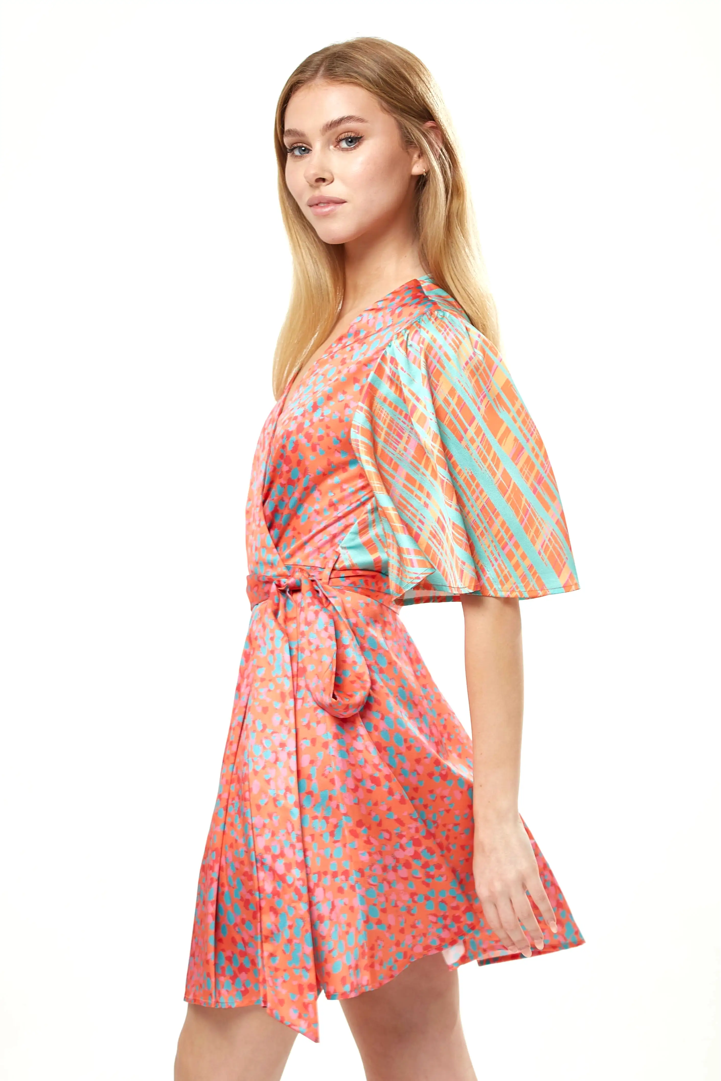 Liquorish Orange Printed Mini Wrap Dress With Kimono Sleeve