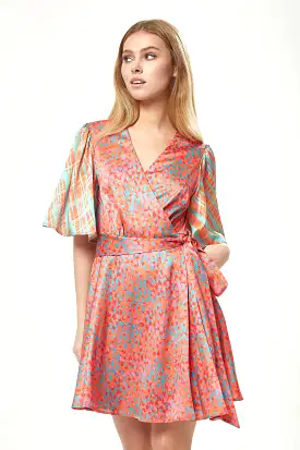 Liquorish Orange Printed Mini Wrap Dress With Kimono Sleeve