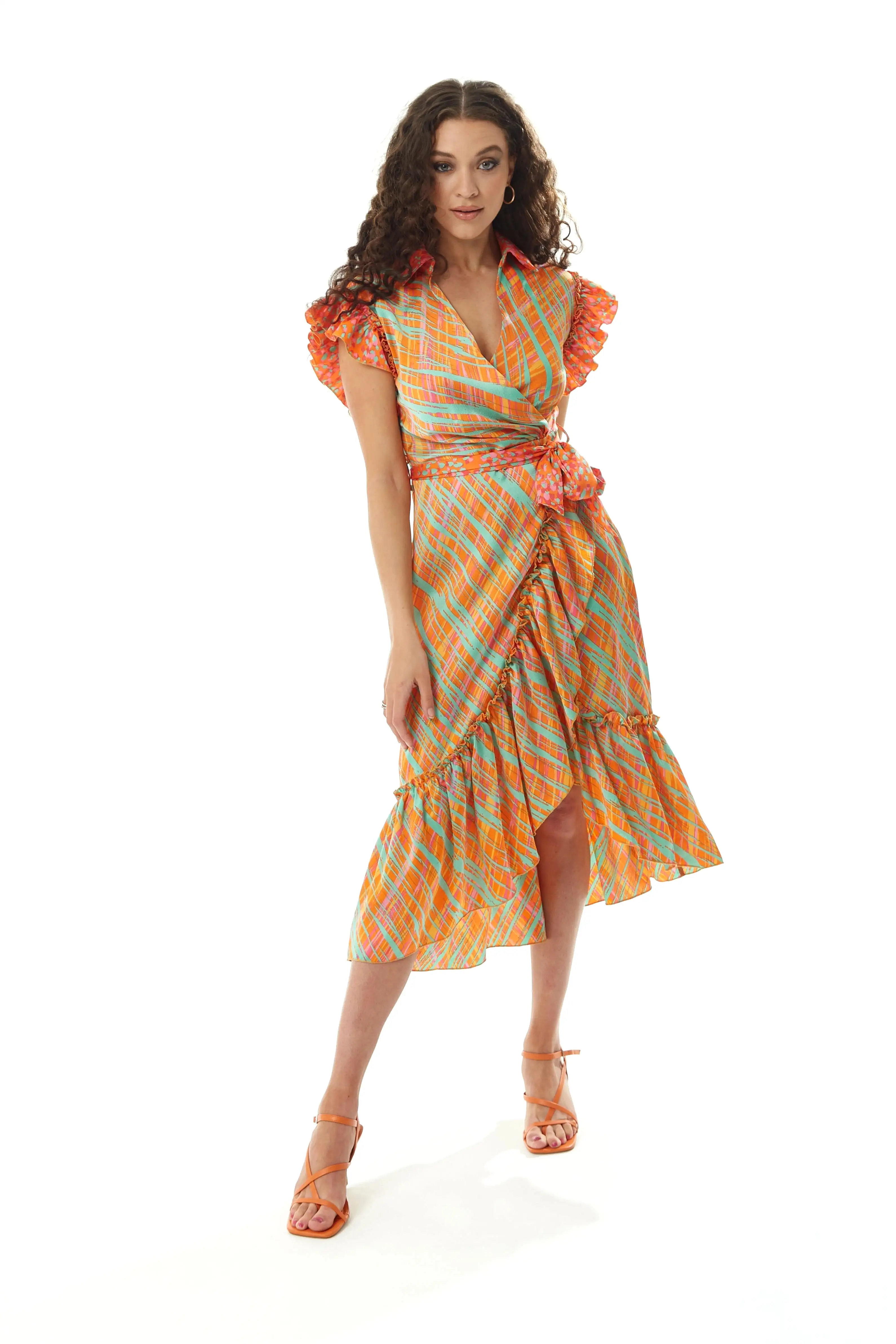 Liquorish Orange Scribble Print Midi Wrap Dress With Frill