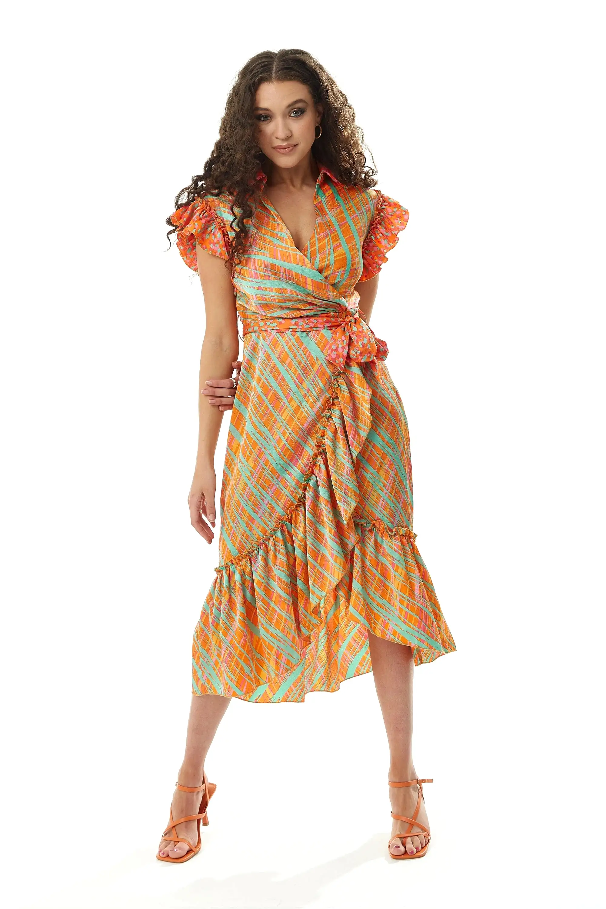 Liquorish Orange Scribble Print Midi Wrap Dress With Frill