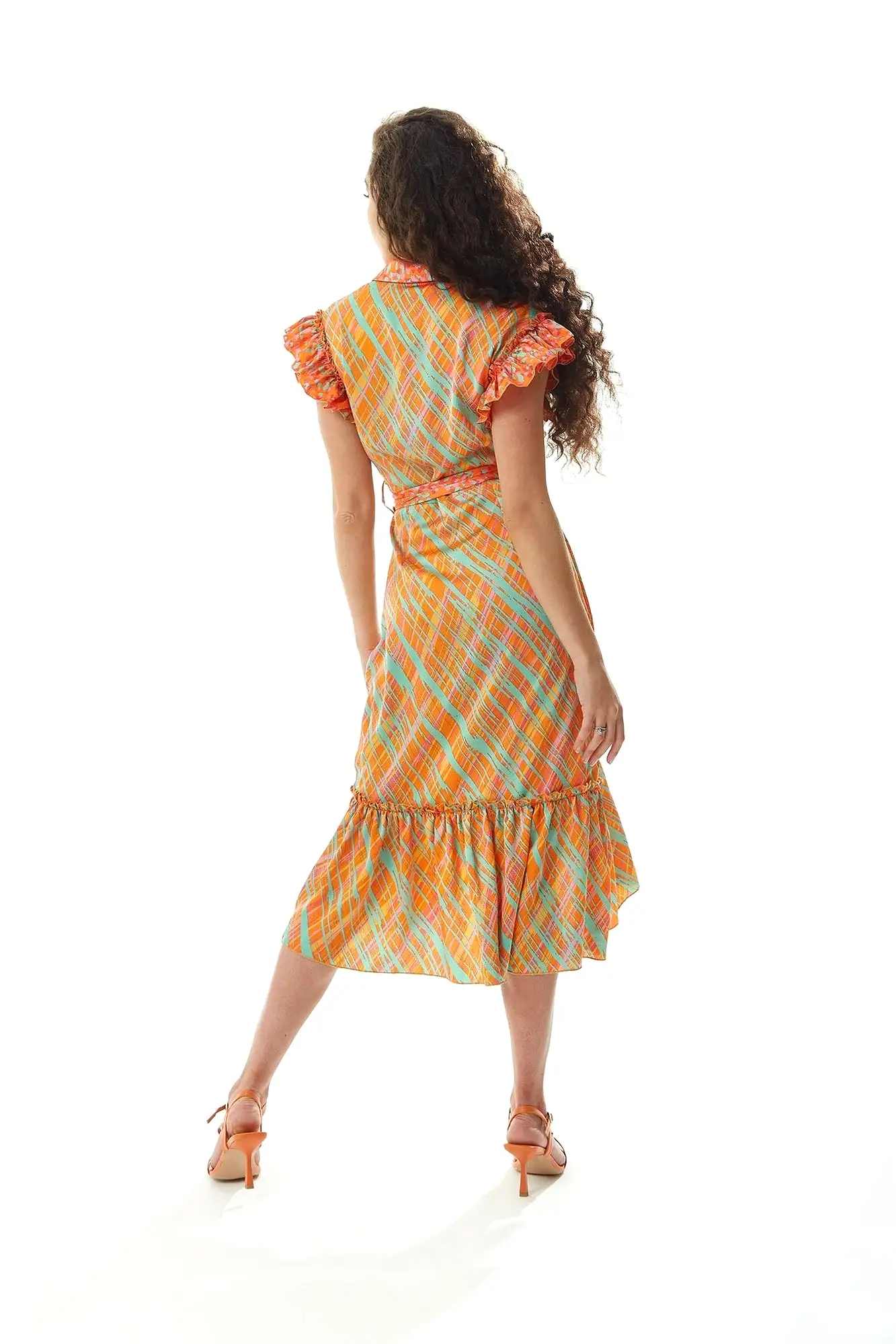 Liquorish Orange Scribble Print Midi Wrap Dress With Frill