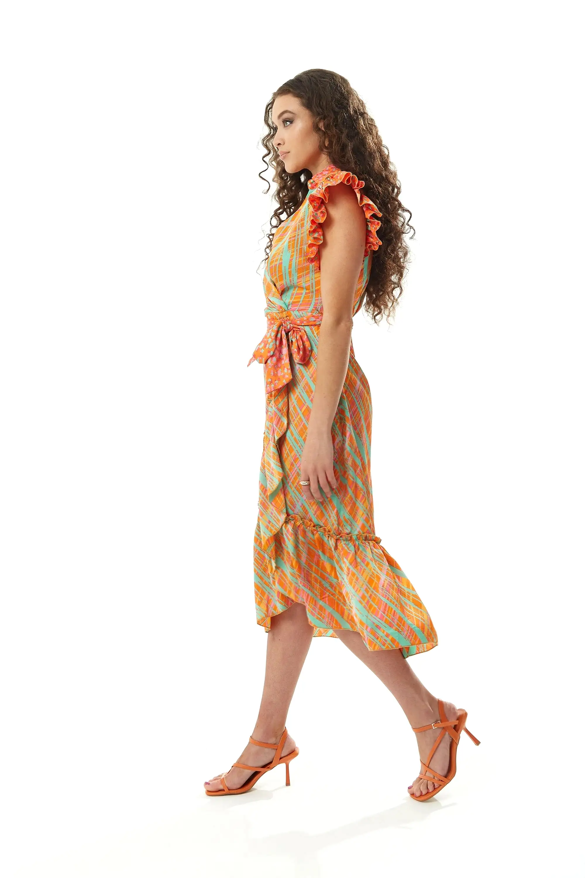 Liquorish Orange Scribble Print Midi Wrap Dress With Frill