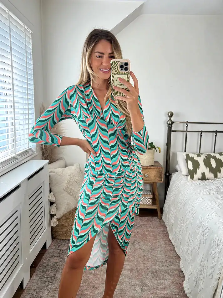 Love And Joy London Midi Wrap Dress In Green Print