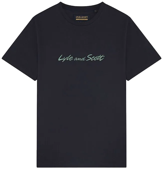 Lyle and Scott Mens Script Embroidery T Shirt Dark Navy Molly Green