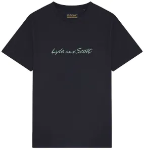 Lyle and Scott Mens Script Embroidery T Shirt Dark Navy Molly Green