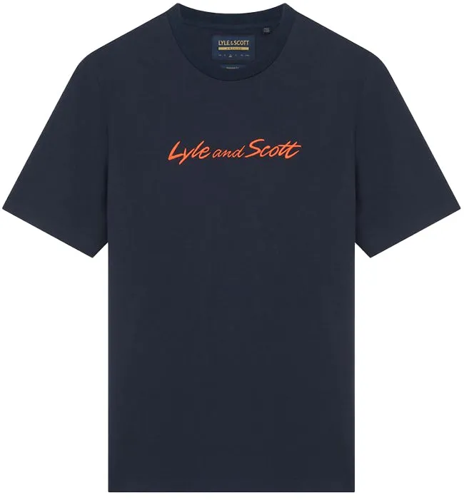 Lyle and Scott Mens Script Embroidery T Shirt Dark Navy Sorrel Orange