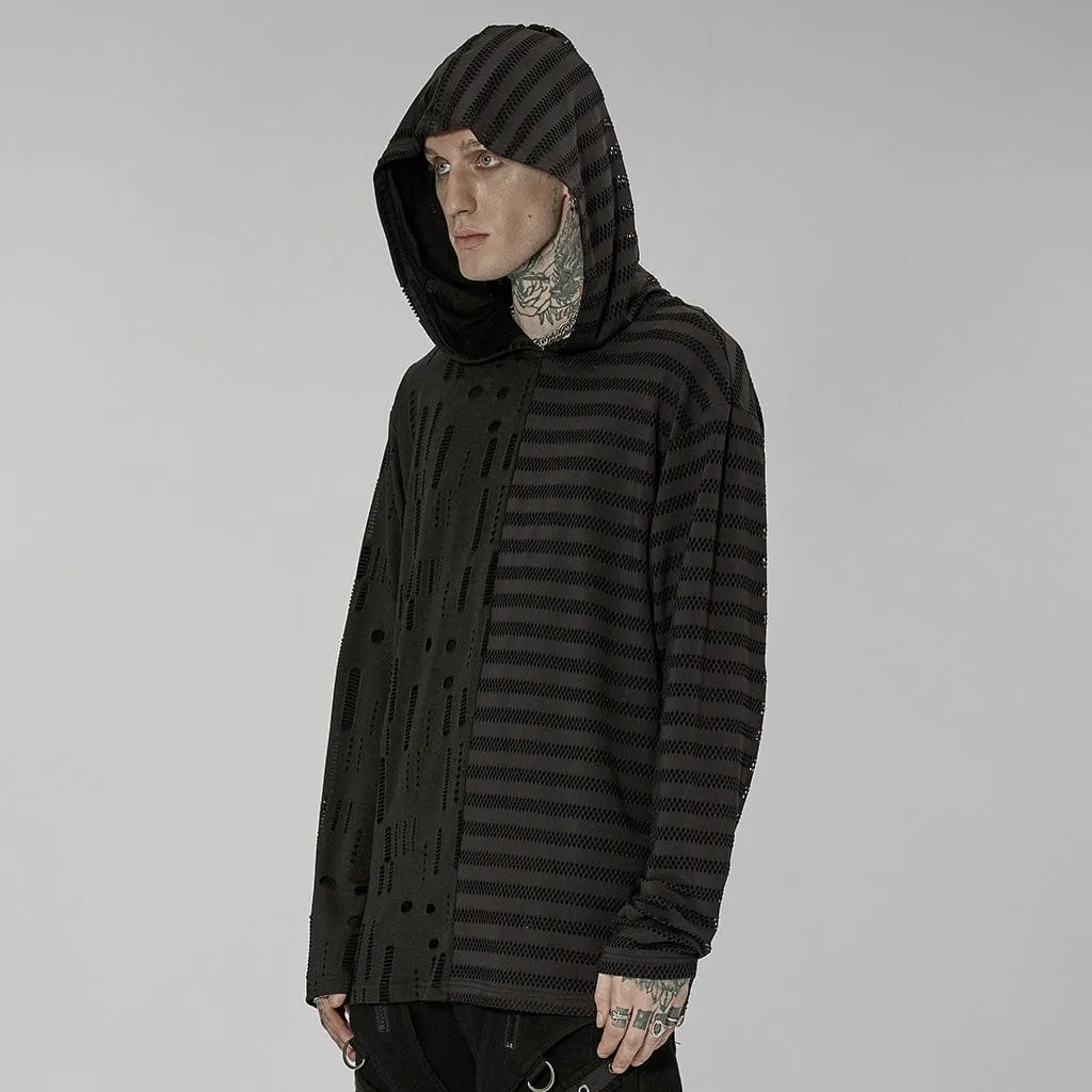 Men's Gothic Striped Splice Ripped Hoodies