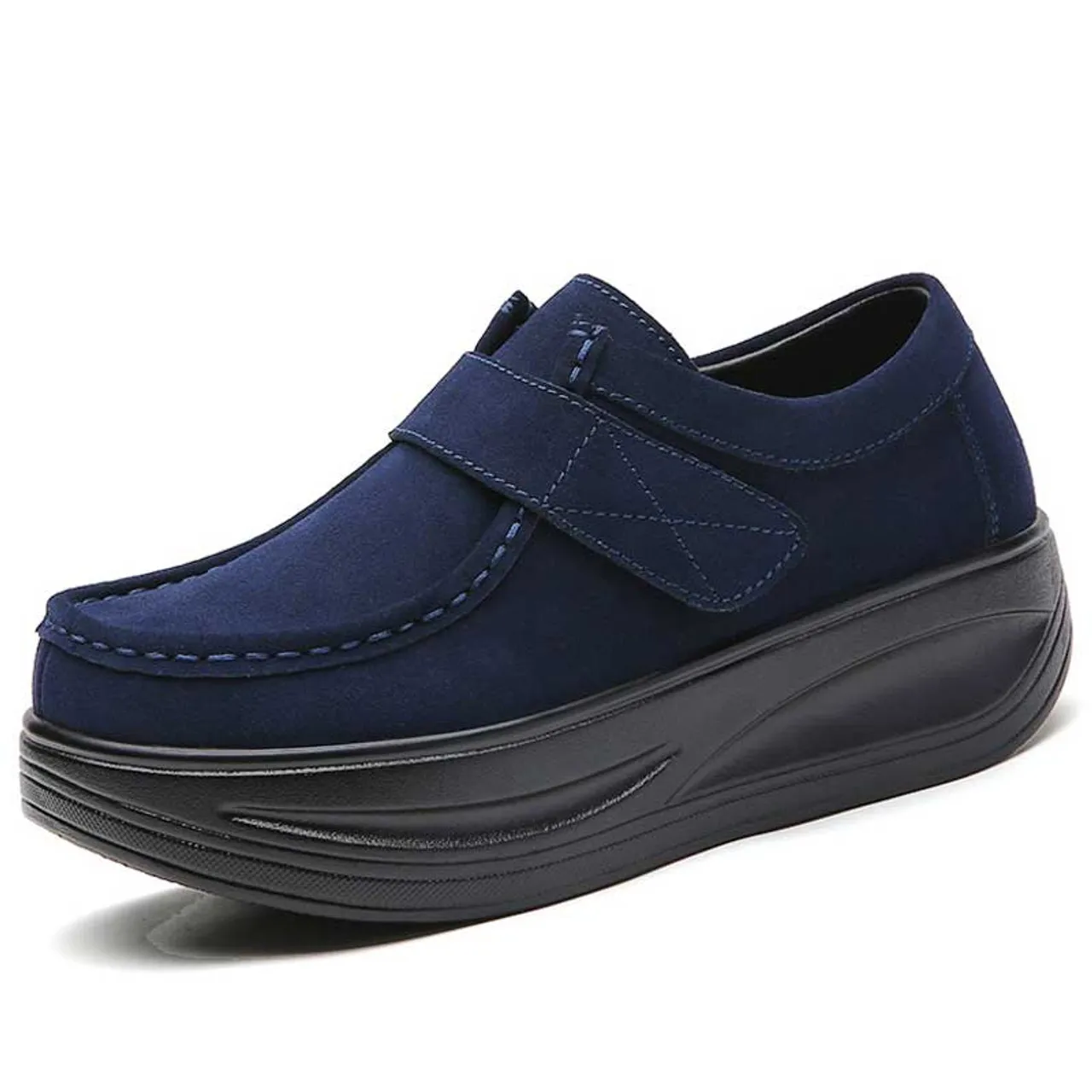 Navy suede velcro slip on rocker bottom sneaker