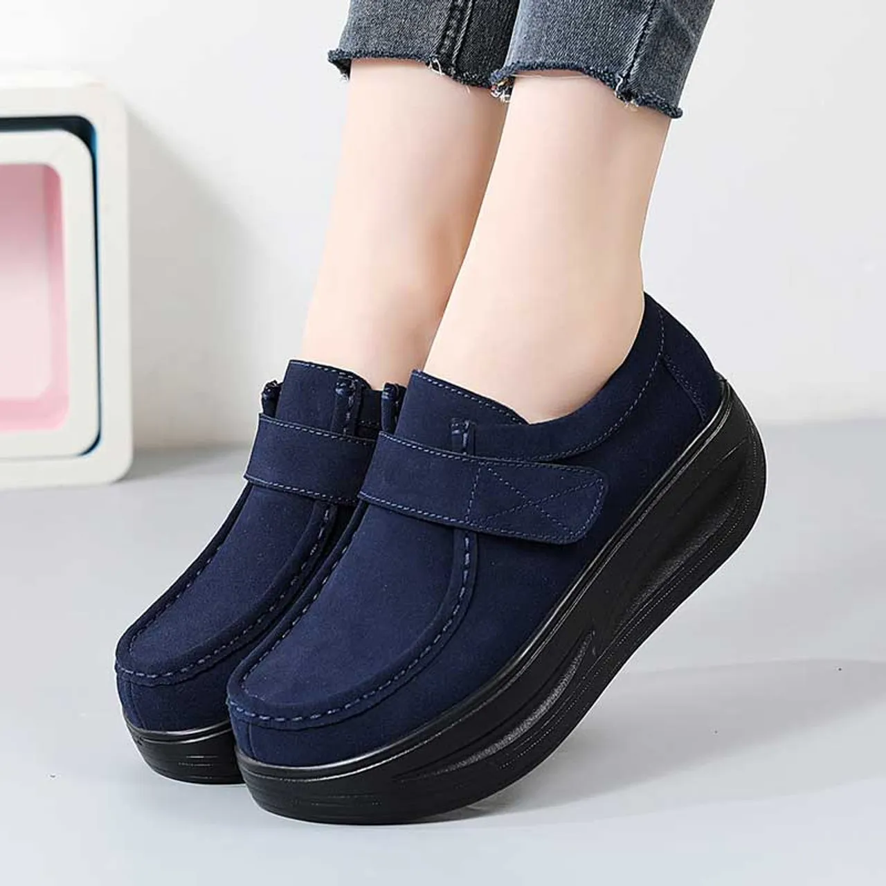 Navy suede velcro slip on rocker bottom sneaker