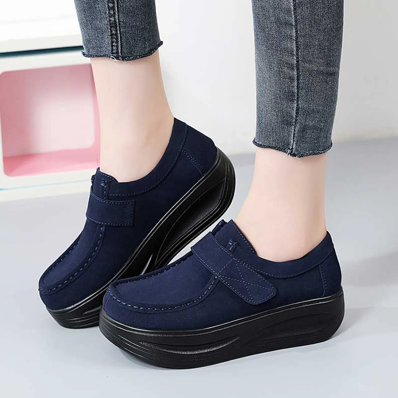 Navy suede velcro slip on rocker bottom sneaker