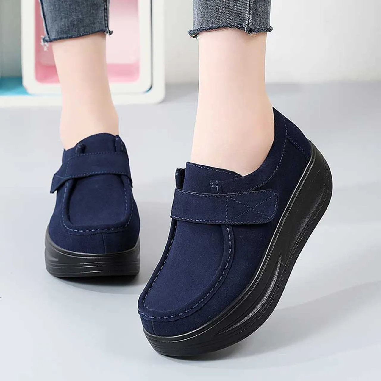 Navy suede velcro slip on rocker bottom sneaker