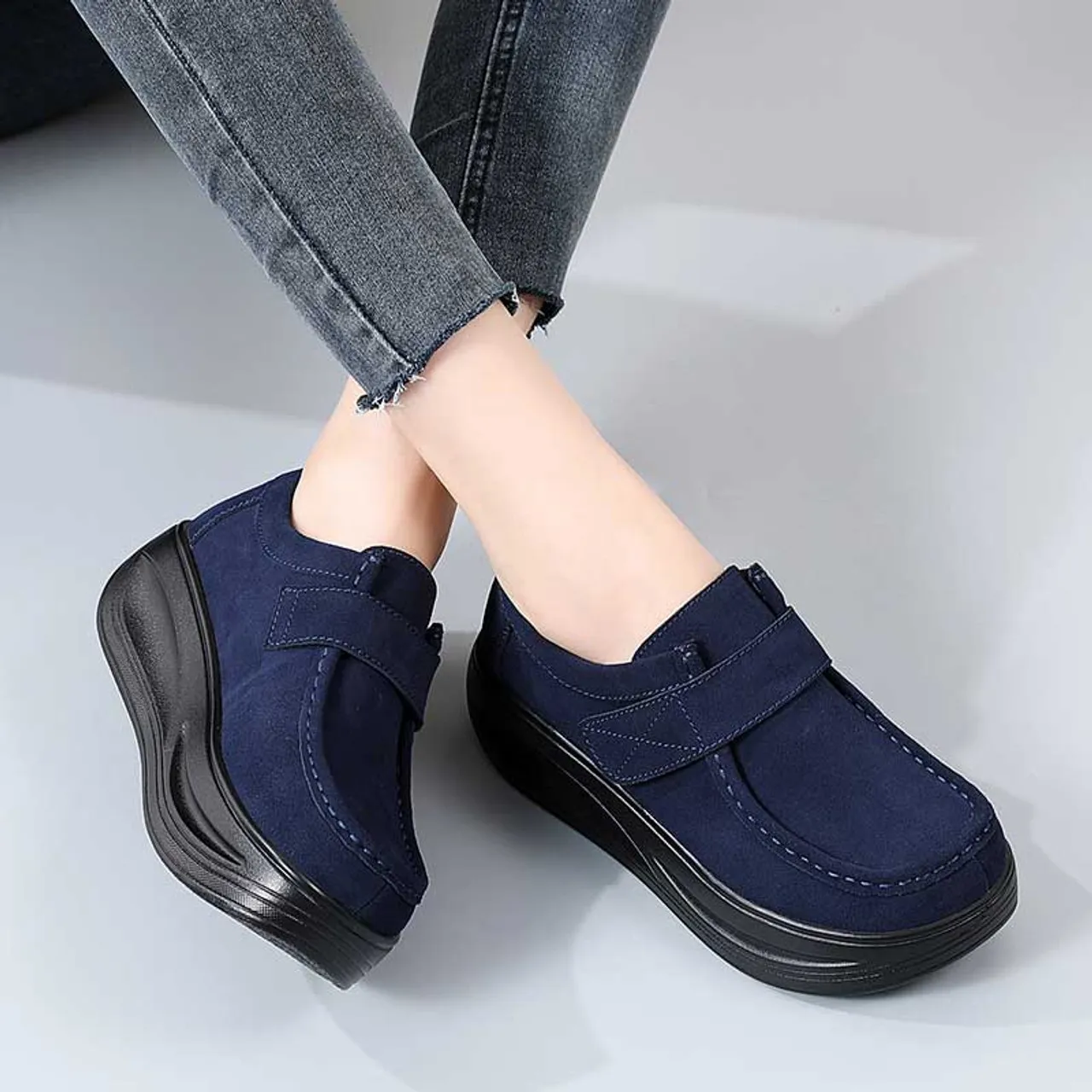 Navy suede velcro slip on rocker bottom sneaker