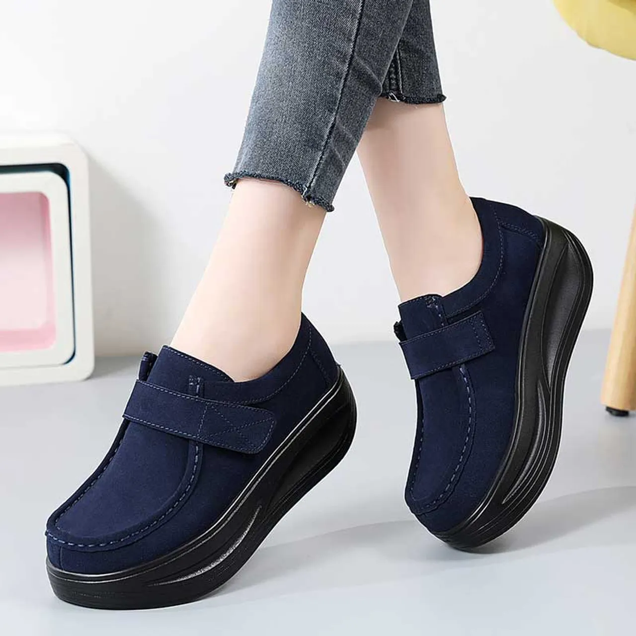 Navy suede velcro slip on rocker bottom sneaker