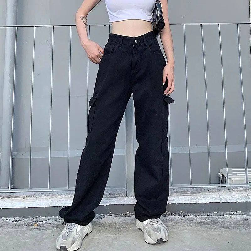 Pocket High Waist Slim Straight Loose Pants