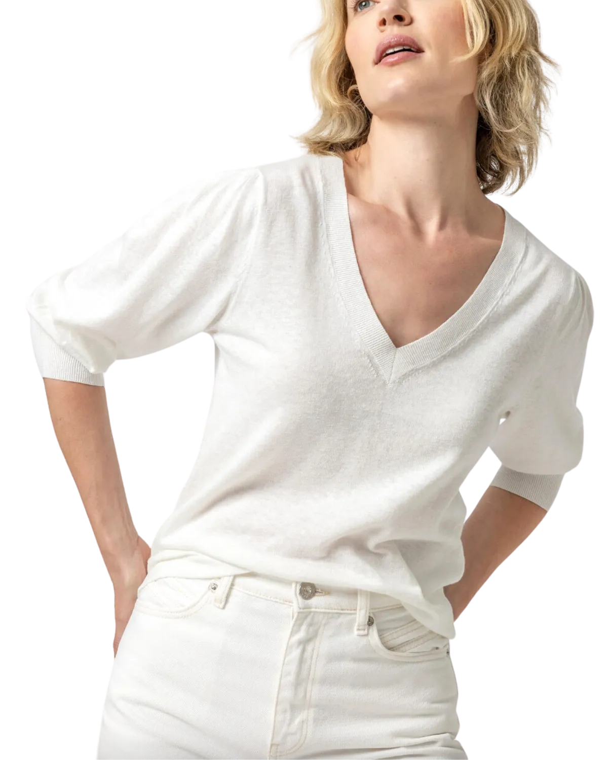 Puff Sleeve V-Neck Sweater (Linen)