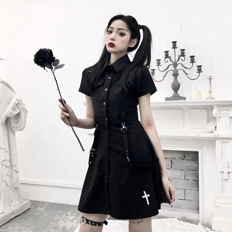 Punk Gothic Mini Dress Short Sleeve