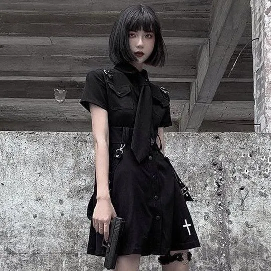 Punk Gothic Mini Dress Short Sleeve