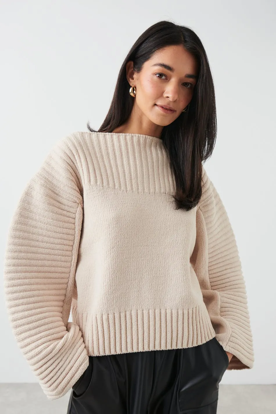 Rib boatneck knit sweater