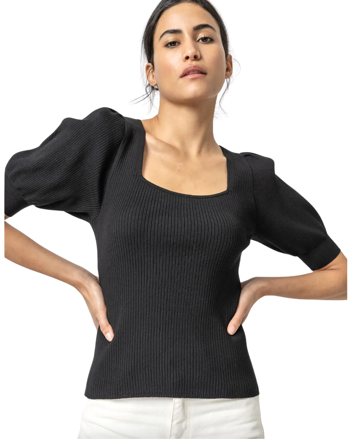 Ribbed Elbow Sleeve Square Neck Sweater (Black)