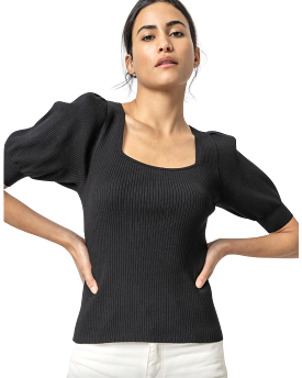 Ribbed Elbow Sleeve Square Neck Sweater (Black)