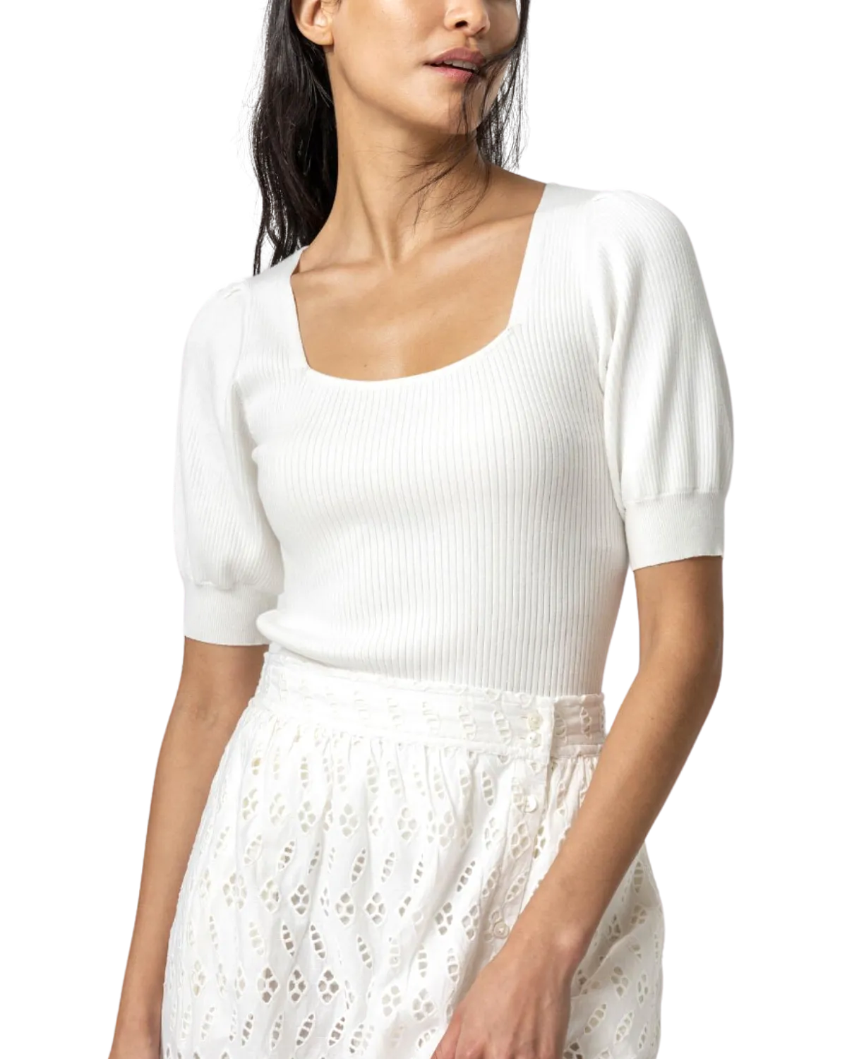 Ribbed Elbow Sleeve Square Neck Sweater (White)