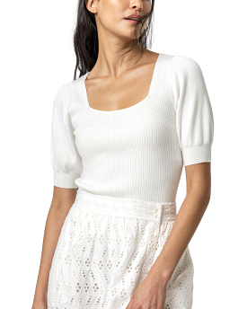 Ribbed Elbow Sleeve Square Neck Sweater (White)