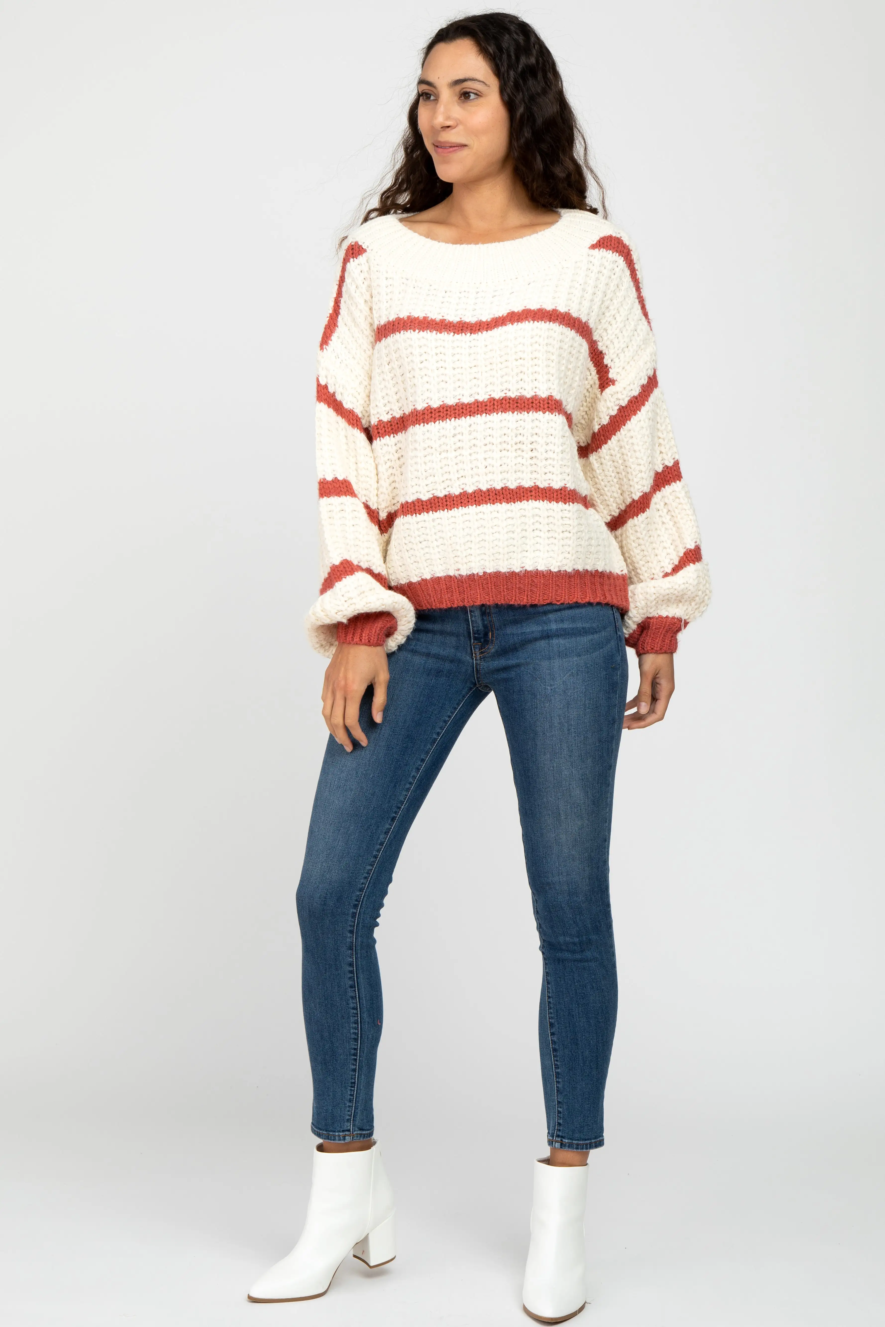 Rust Cream Striped Chunky Knit Sweater