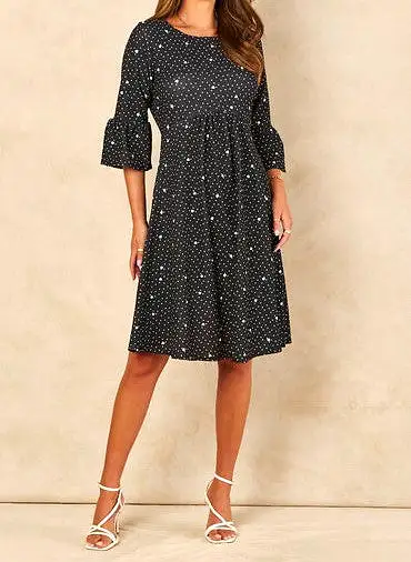 Signage Flute Sleeve Star And Spot Printed Skater Dress