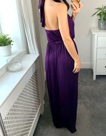 Signage Halter Neck Split Leg Maxi Dress With Belt - Purple