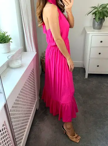 Signage Halter Neck Tiered Maxi Dress In Cerise Pink