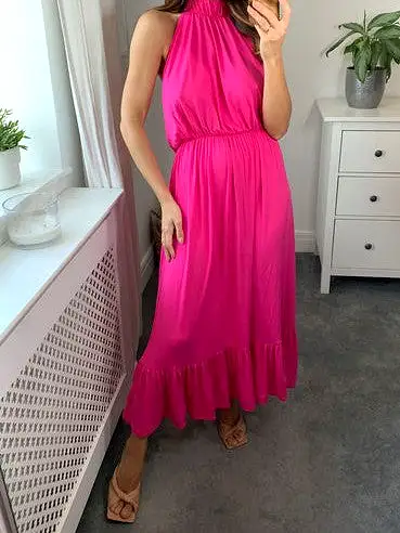 Signage Halter Neck Tiered Maxi Dress In Cerise Pink