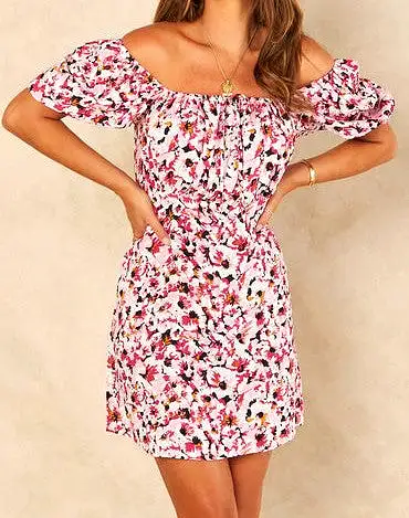 Signage Printed Baloon Sleeves Short Milkmaid Dress