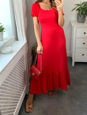 Signage Tiered Puff Sleeve Frill Hem Maxi Dress In Red