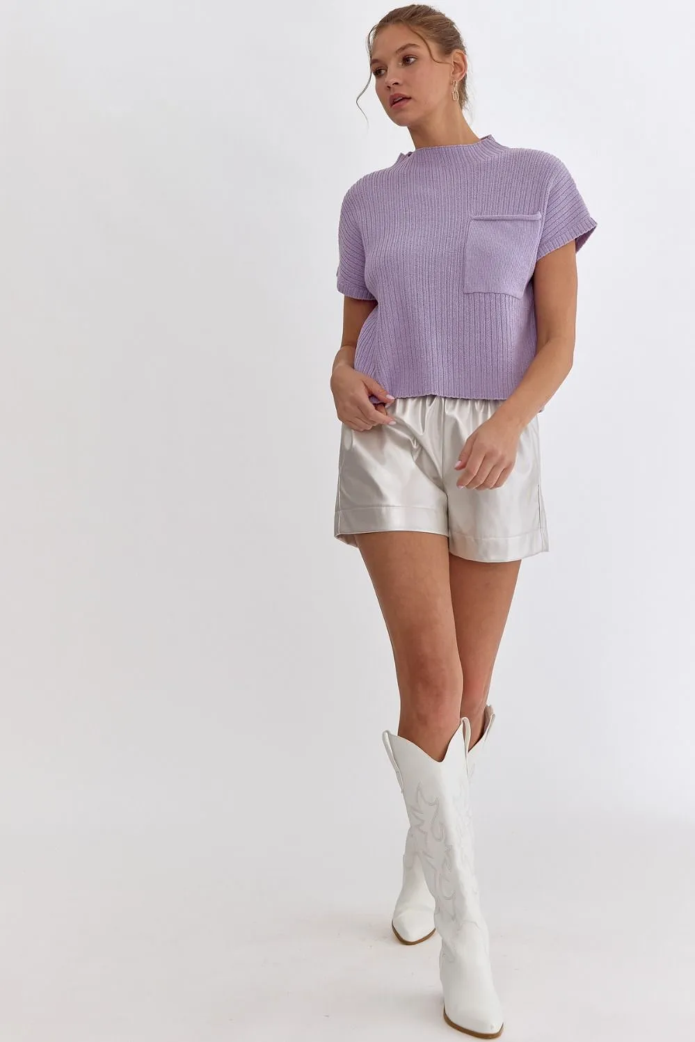 Solid Knitted Cropped Mock Neck Sweater