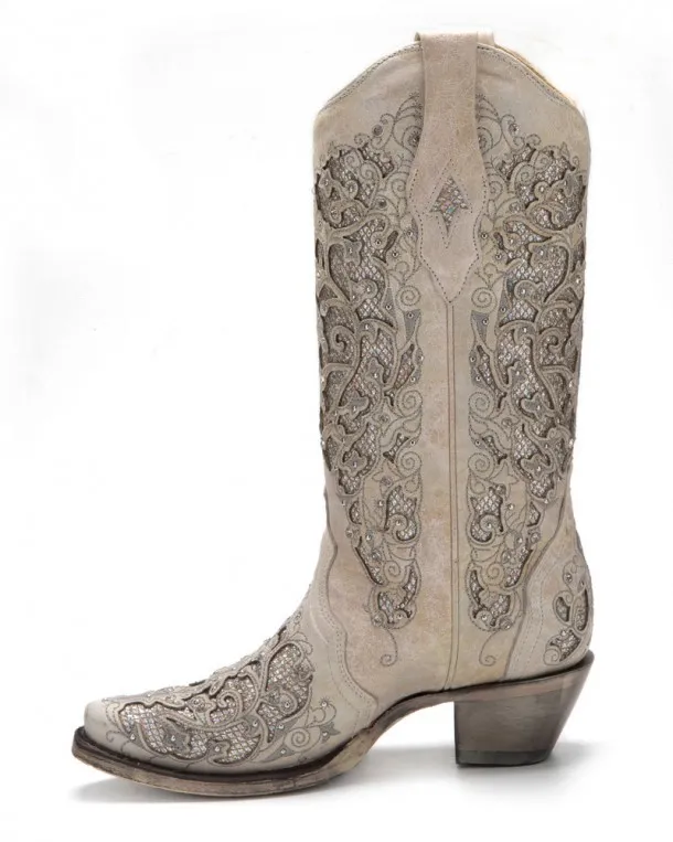 Wedding bride Corral Boots white cowgirl boots with crystal inlays